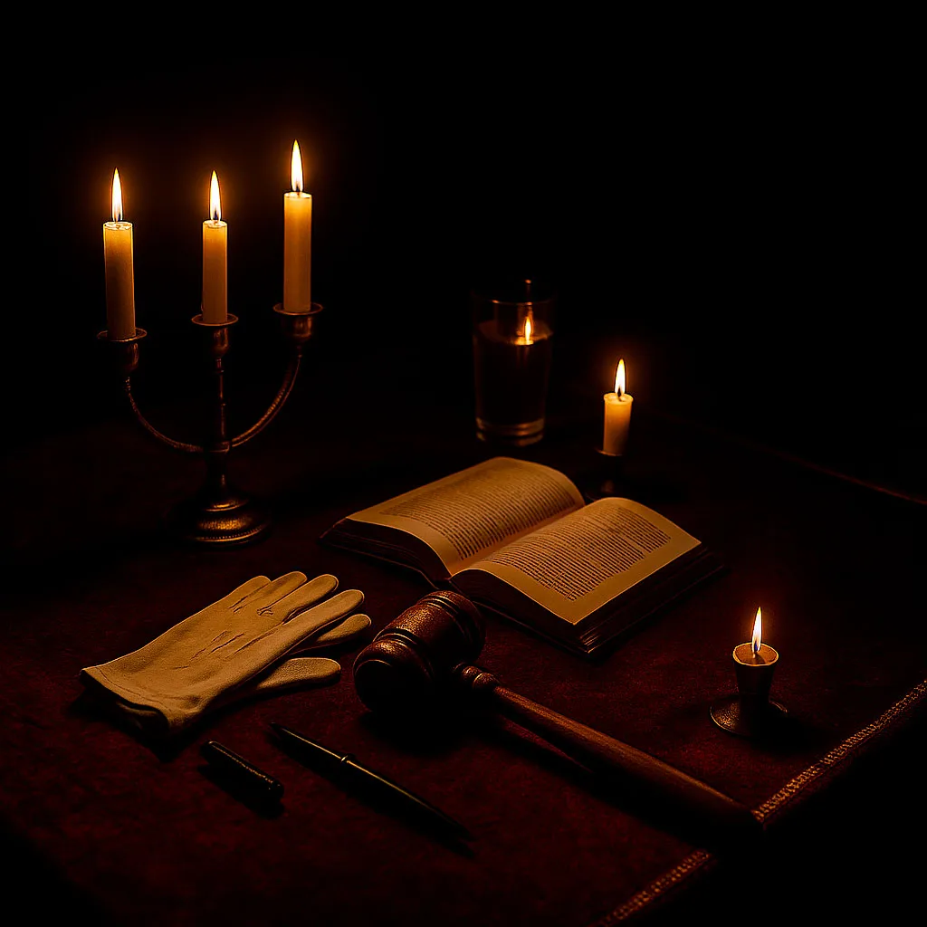 Mesa masónica con guantes, mazo y libro bajo la luz de las velas — masonería en el siglo XXI