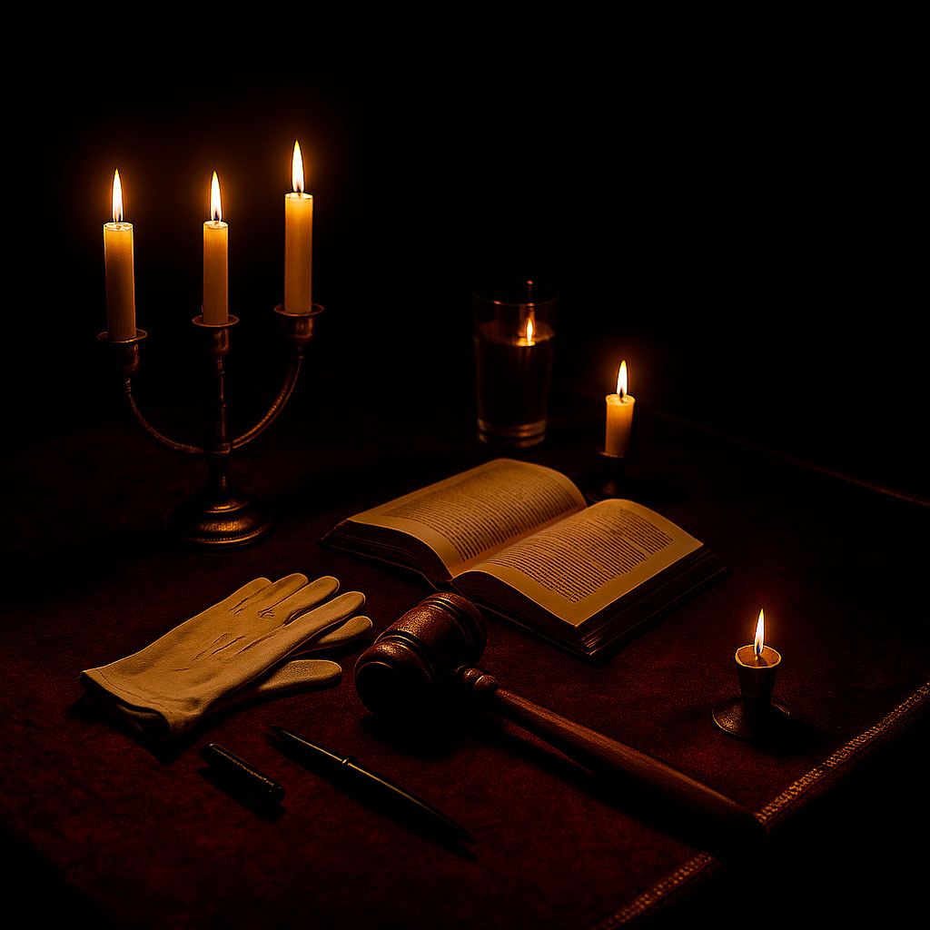 Mesa masónica con guantes, mazo y libro bajo la luz de las velas — masonería en el siglo XXI