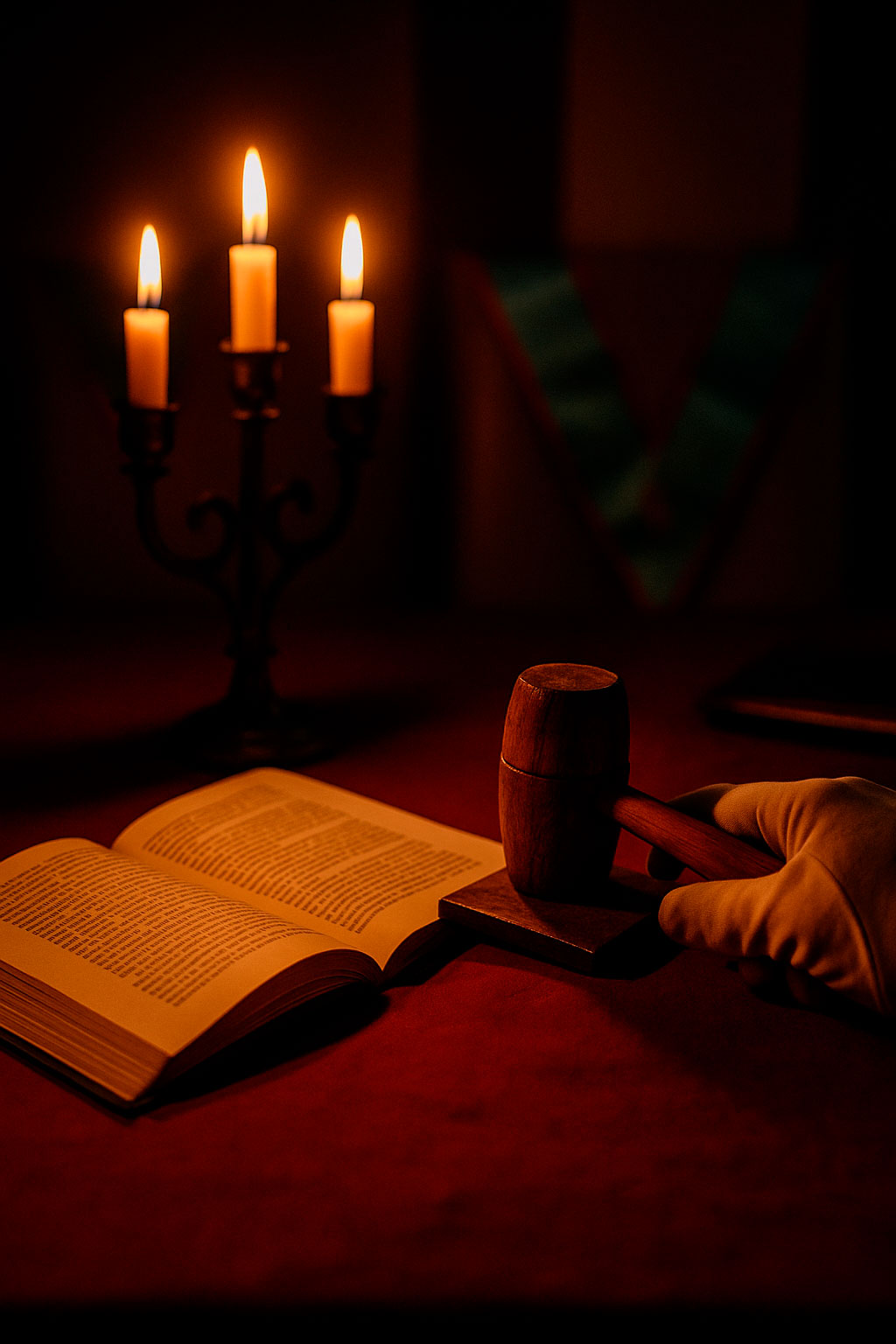 scena masónica con candelabro, libro y mazo — masonería en el siglo XXI