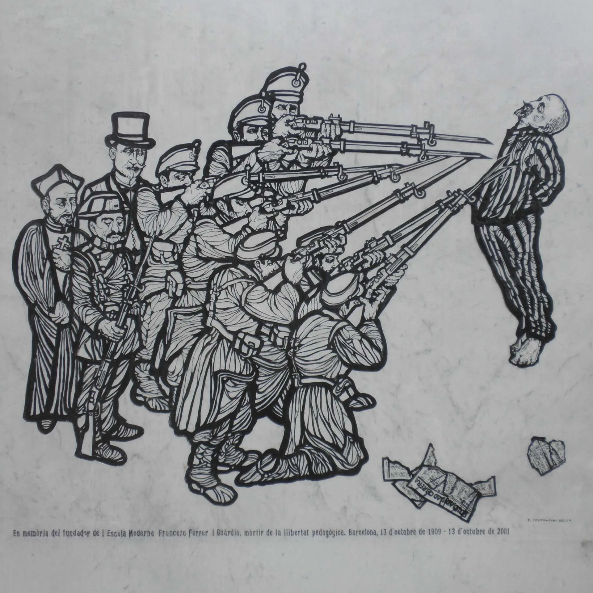 Grabado sobre la ejecución de Ferrer i Guardia, defensor de la Escuela Moderna y del laicismo educativo