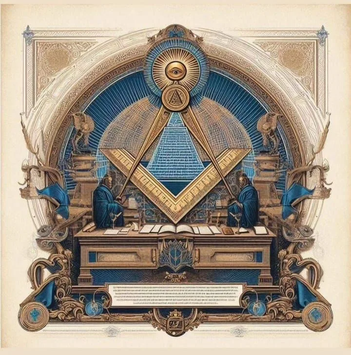Ilustración con símbolos de la masonería liberal como la escuadra, el compás y el ojo que todo lo ve.