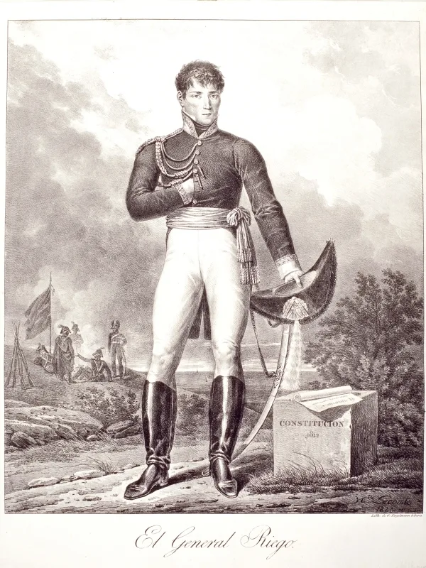 Litografía del general Riego con uniforme, junto al texto constitucional de 1812, emblema de los masones en España.