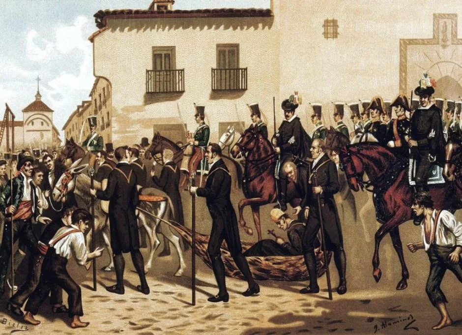 Representación del ajusticiamiento de Riego en Madrid, tras la caída del régimen liberal apoyado por los masones en España.