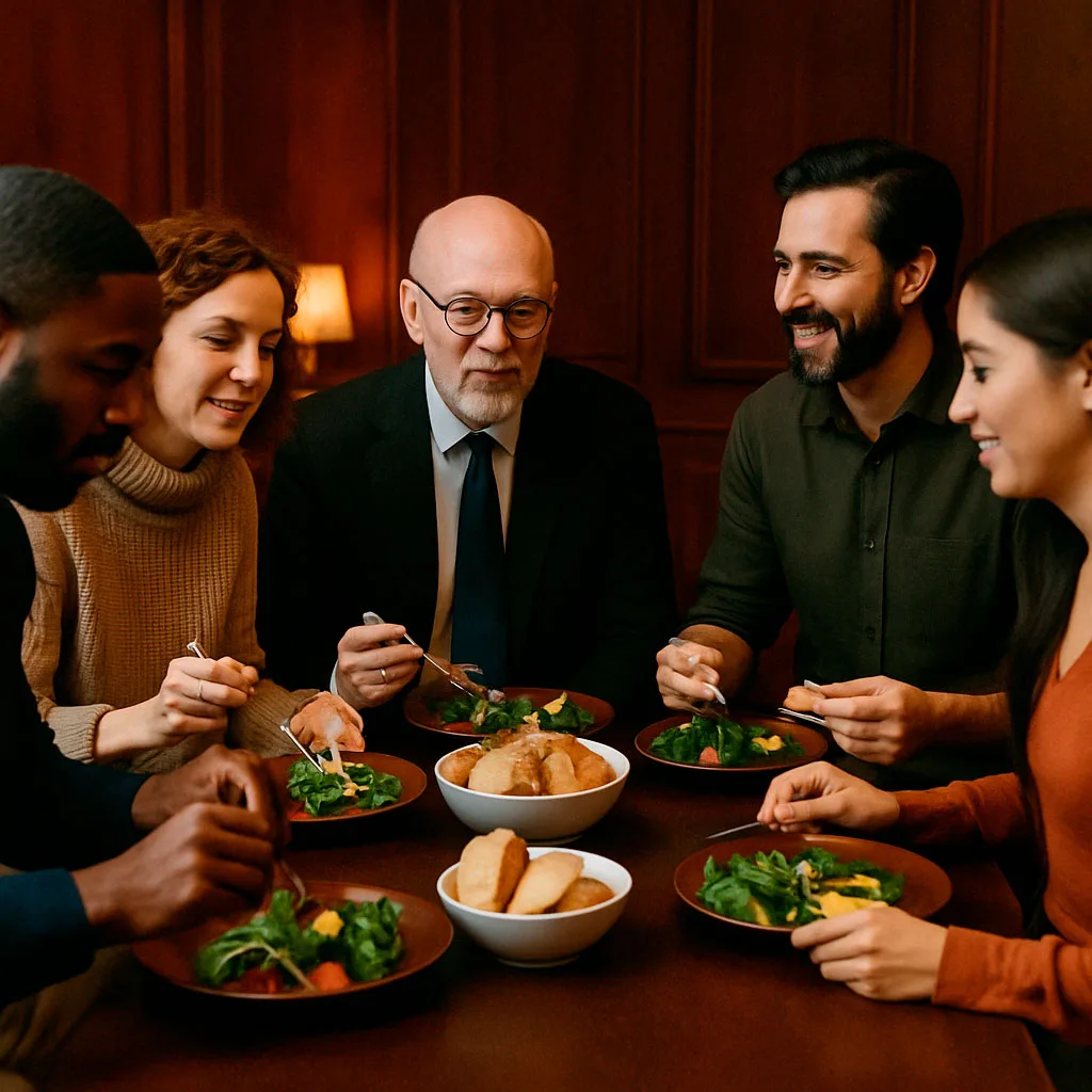 Personas de distintos orígenes compartiendo comida en un ambiente de respeto y diálogo como muestra de la diversidad en masonería