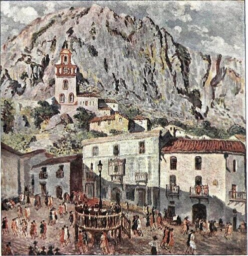 Escena urbana de Ubrique con su iglesia y vida cotidiana