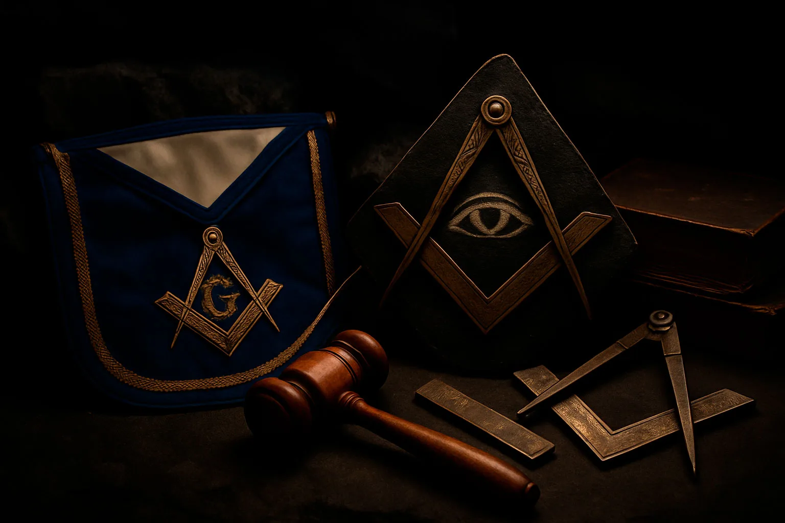 Herramientas masónicas con mandil azul y símbolo del ojo: símbolos de la historia de la masonería en el siglo XX