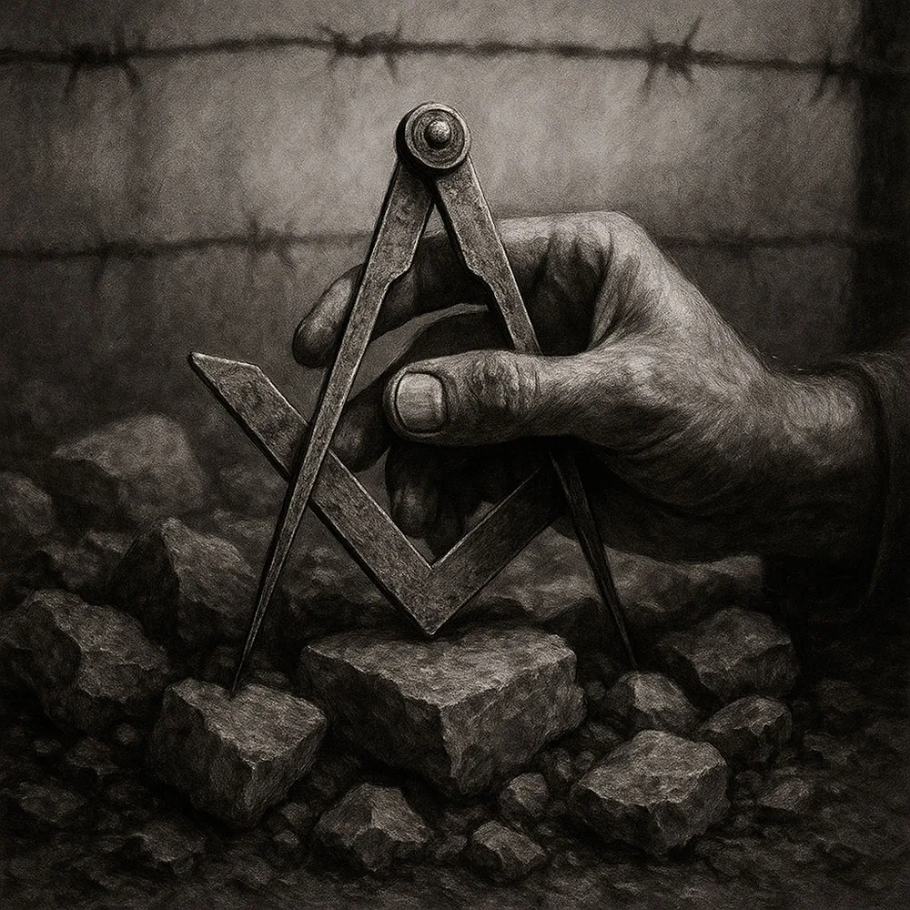 Reconstruir desde las ruinas ano sosteniendo escuadra y compás sobre piedras rotas: símbolo de reconstrucción de la masonería en el siglo XX