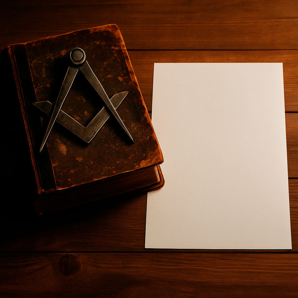 Libro antiguo cerrado con escuadra y compás sobre una superficie de madera. Saber cómo contactar con la masonería.