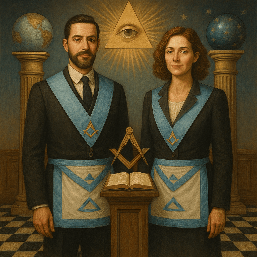 Fraternidad mixta – El Rito Francés Hombre y mujer masones del Rito Francés ante símbolos masónicos tradicionales