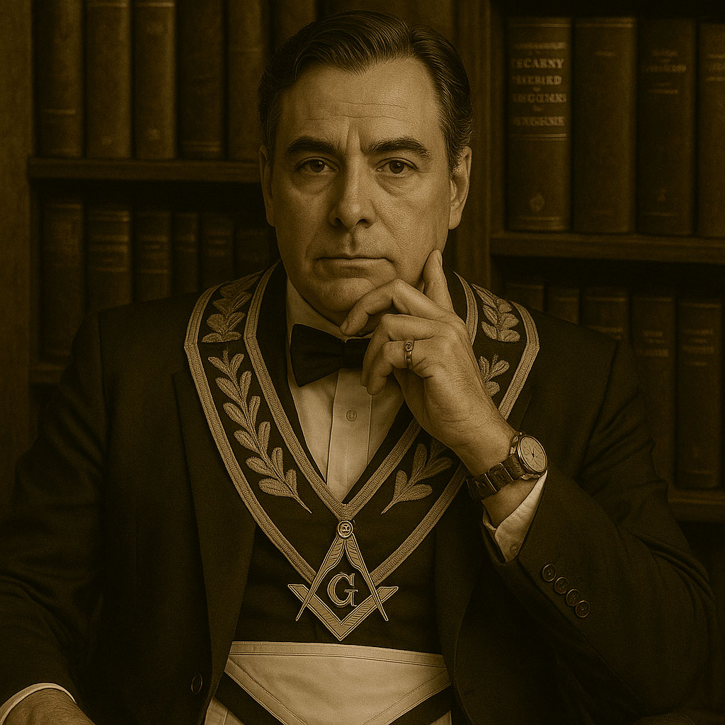 Retrato de un masón contemporáneo en una biblioteca, vestido con mandil y collarín