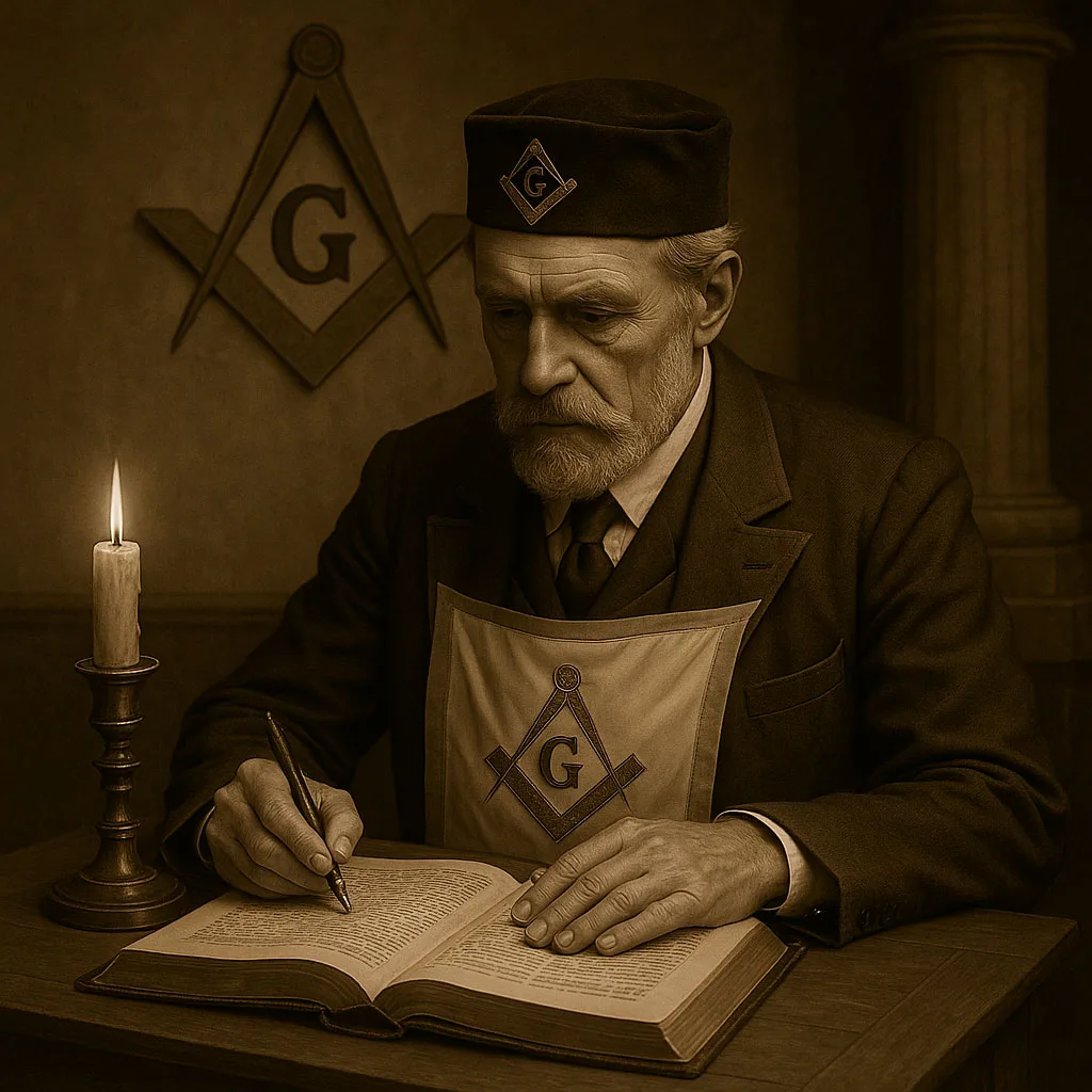 Masón escribiendo junto a un libro abierto y una vela encendida