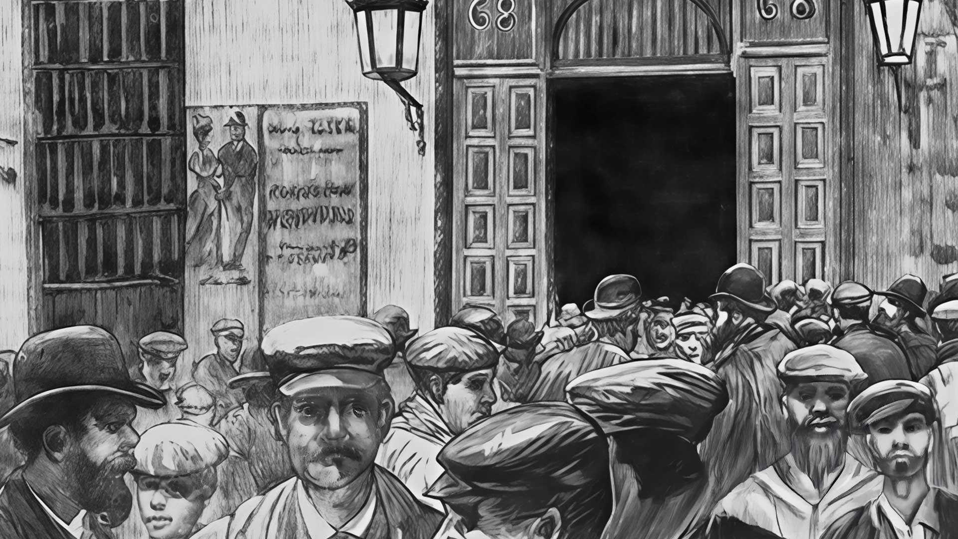 MASONERIA-Y-CLASE-OBRERA-002 Obreros frente a un edificio con símbolos masónicos, ilustración inspirada en el vínculo entre masonería y clase obrera.