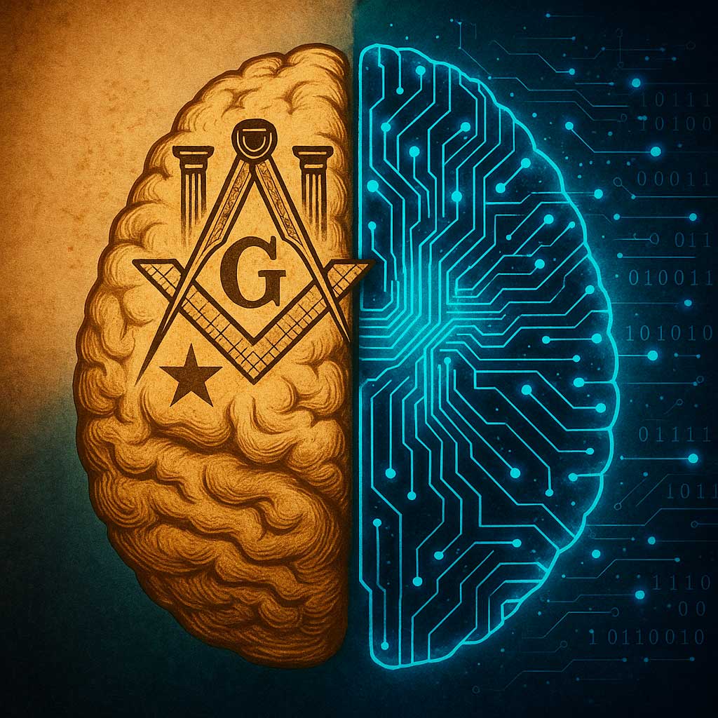 Masonería e inteligencia artificial: cerebro simbólico y digital Mitad cerebro con símbolos masónicos y mitad digital, representación de la masonería e inteligencia artificial
