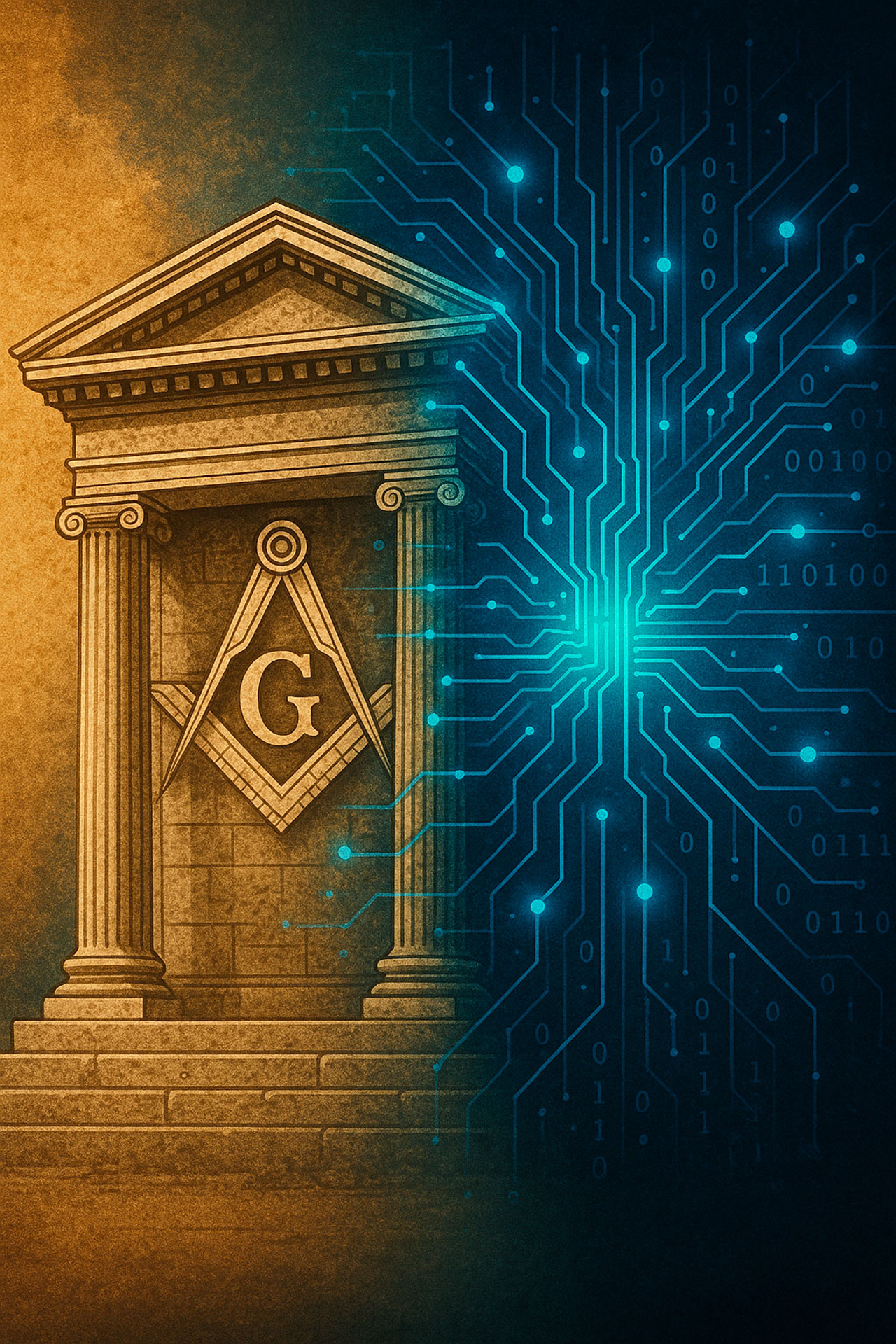 Templo masónico conectado con inteligencia artificial Templo con símbolo masónico fusionado con red de datos de inteligencia artificial