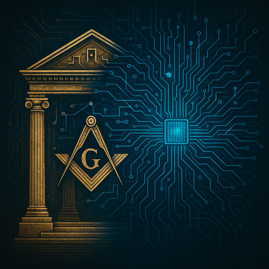 Templo masónico enlazado visualmente con un chip, unión entre masonería e inteligencia artificial<br />
