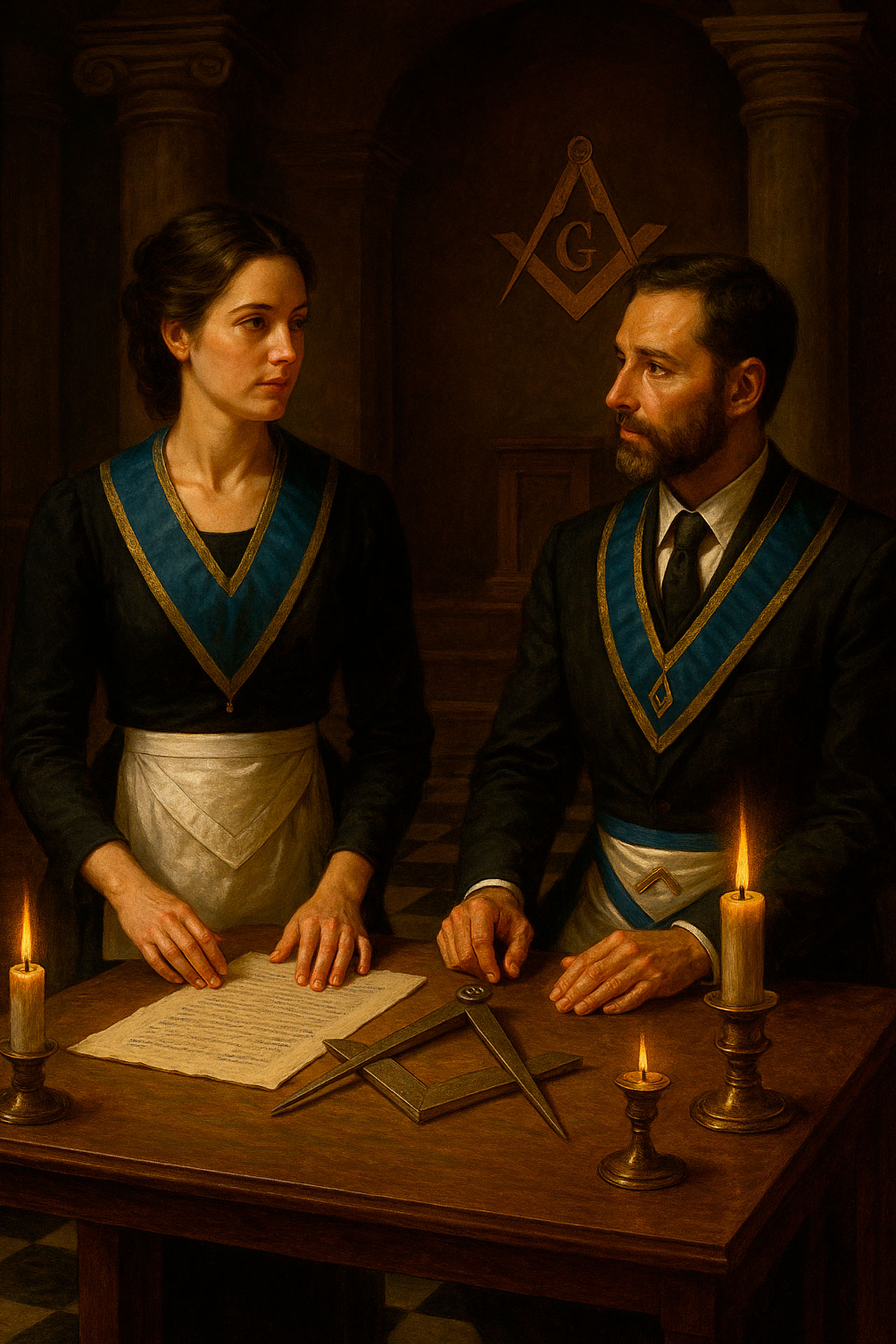 Diálogo en logia mixta – mujeres y masonería Mujer y hombre masones dialogando en el templo – mujeres y masonería