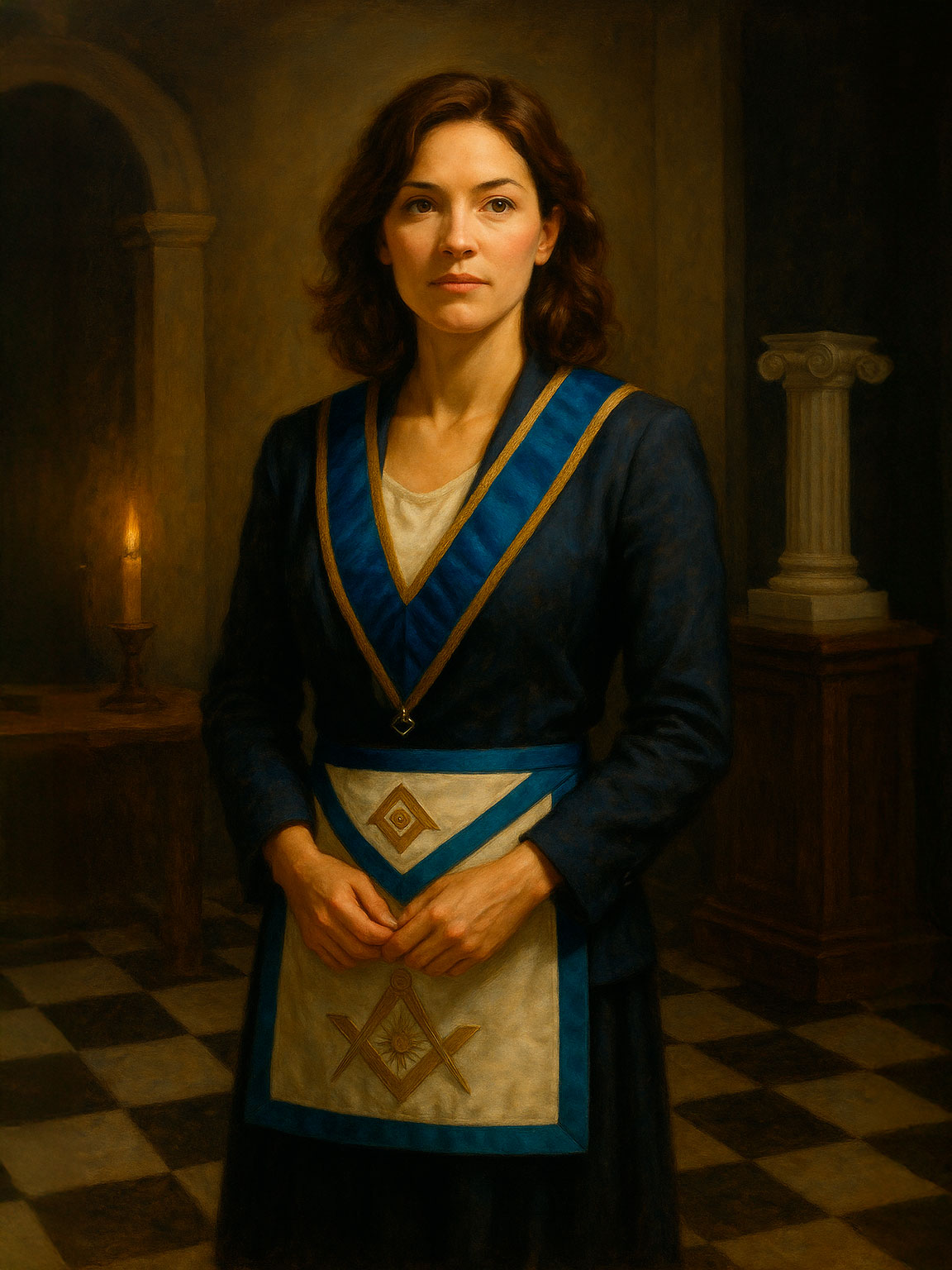 Mujer con mandil masónico – mujeres y masonería Retrato de una mujer masona en un templo – mujeres y masonería
