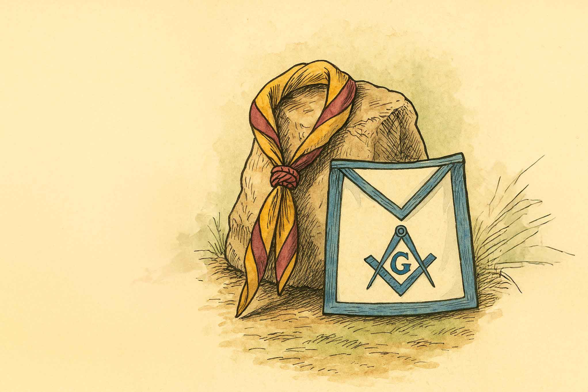 Ilustración de una pañoleta scout y un mandil masónico sobre una piedra bruta