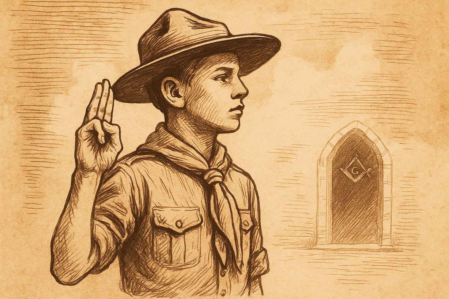 Joven scout haciendo la promesa con gesto de tres dedos Ilustración de un scout haciendo su promesa con el gesto de tres dedos frente a un templo masónico