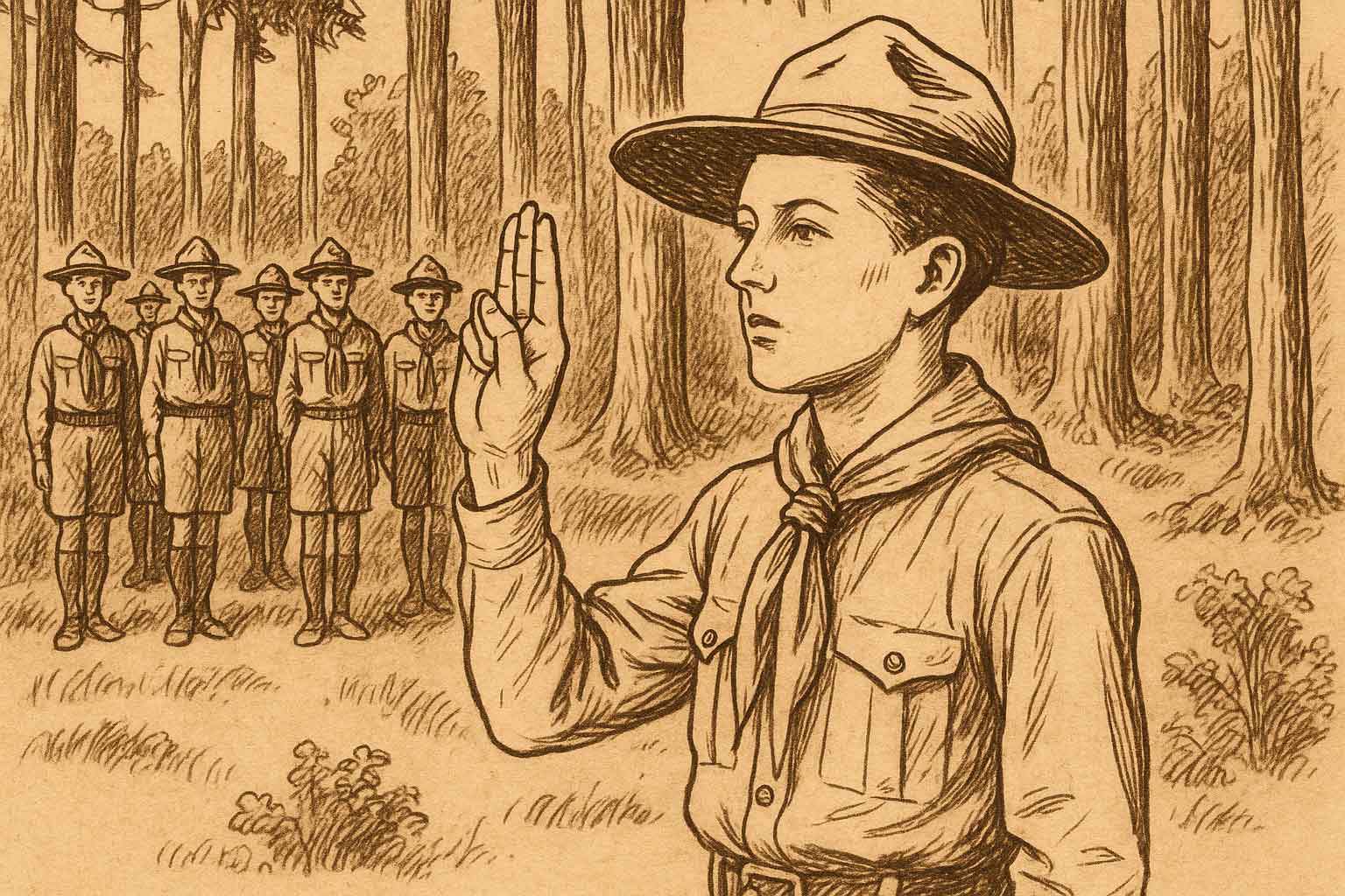 SCOUTS-Y-MASONES-005 Evolución del scout al masón, ilustración simbólica en tonos sepia.