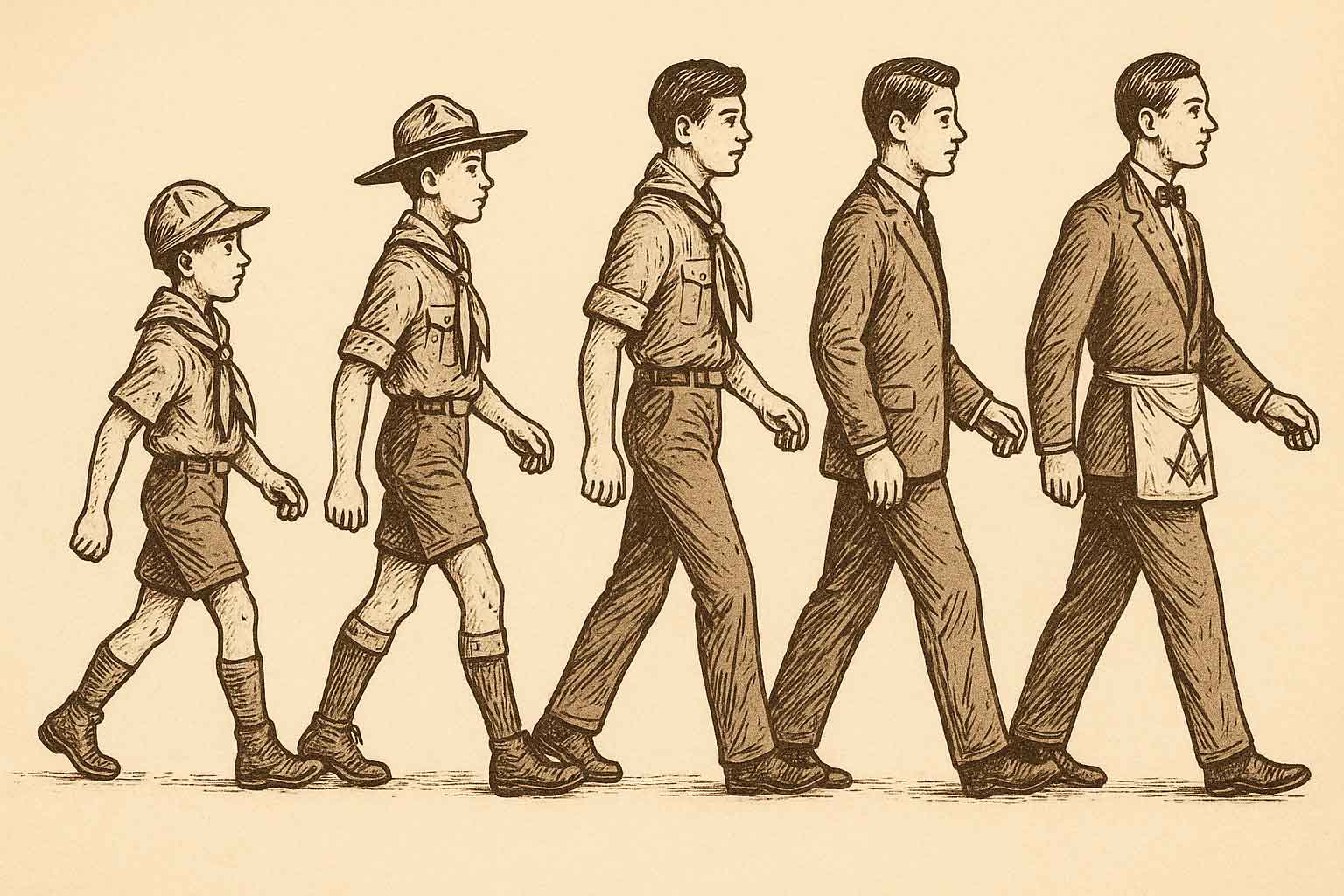 De la pañoleta al mandil: un itinerario simbólico Progresión educativa del scout hasta la masonería, dibujo lineal vintage