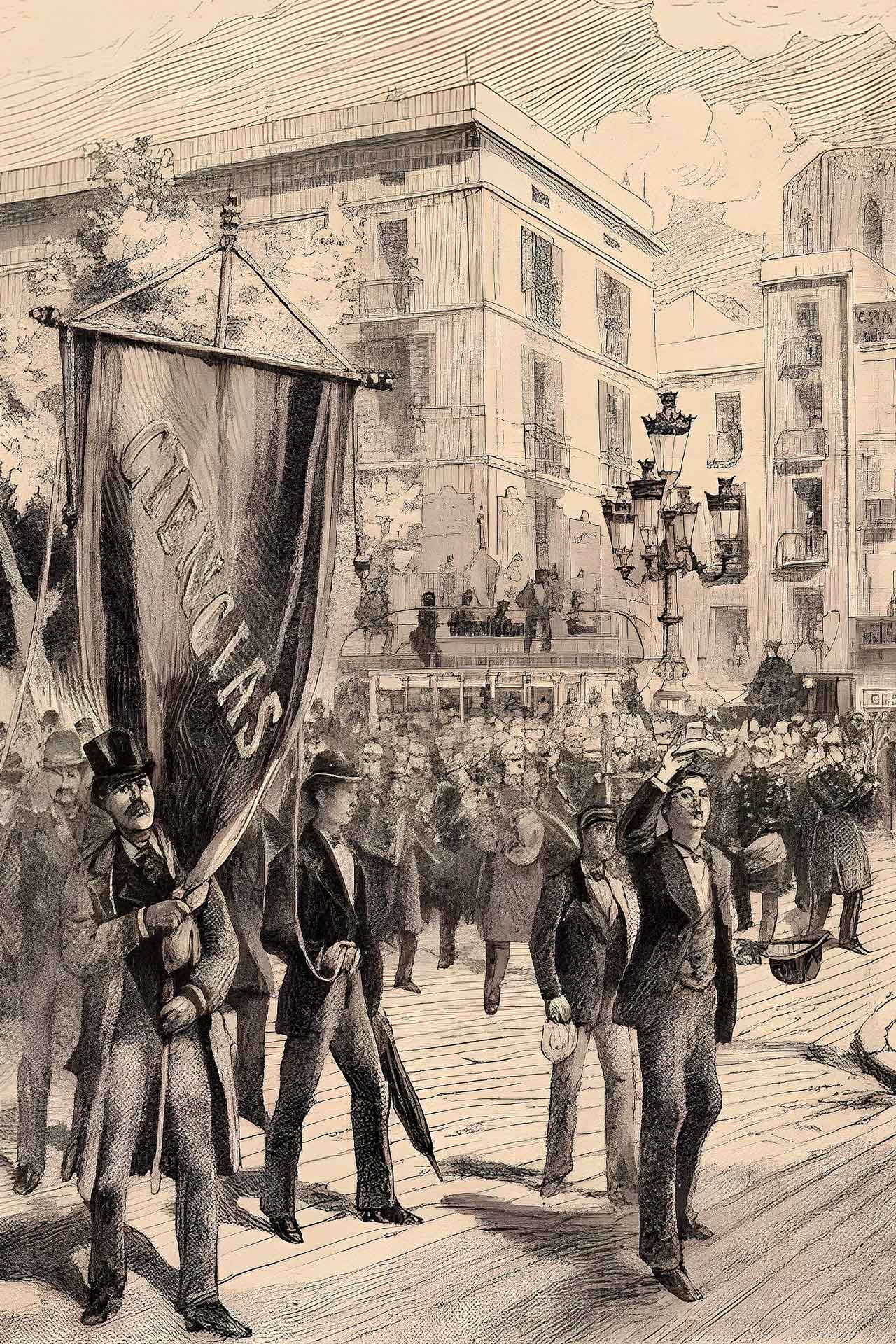 Detalle del estandarte gremial en la marcha de 1890 Primer plano de pancarta con la palabra “Ciencias” durante la marcha del 1º de mayo. En un momento en que masoneria y movimiento obrero comenzaban filosoficamente a entenderse.