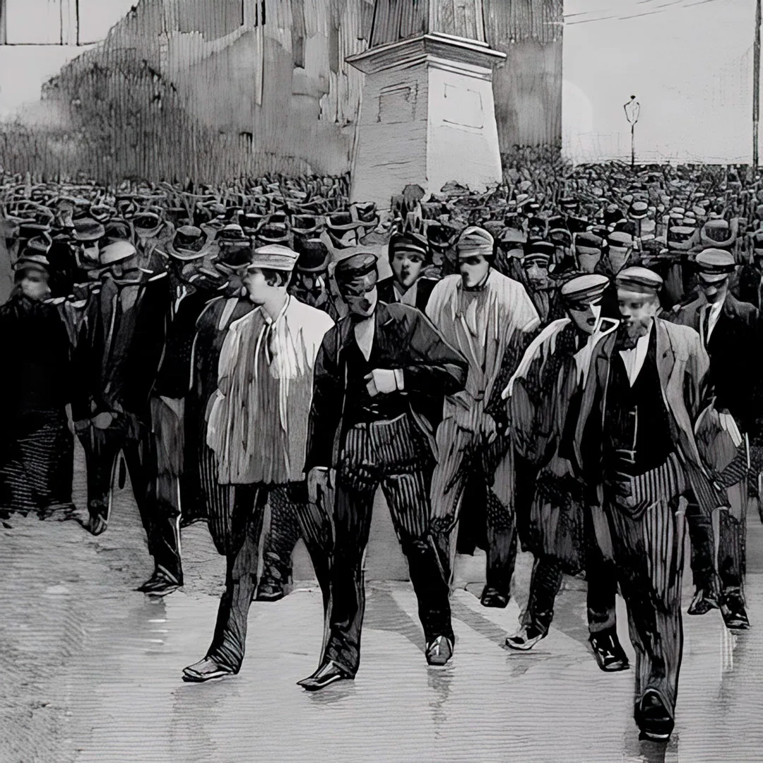 Representación artística de una marcha obrera masiva Grupo numeroso de obreros marchando juntos en blanco y negro; estilo artístico para ilustración histórica.
