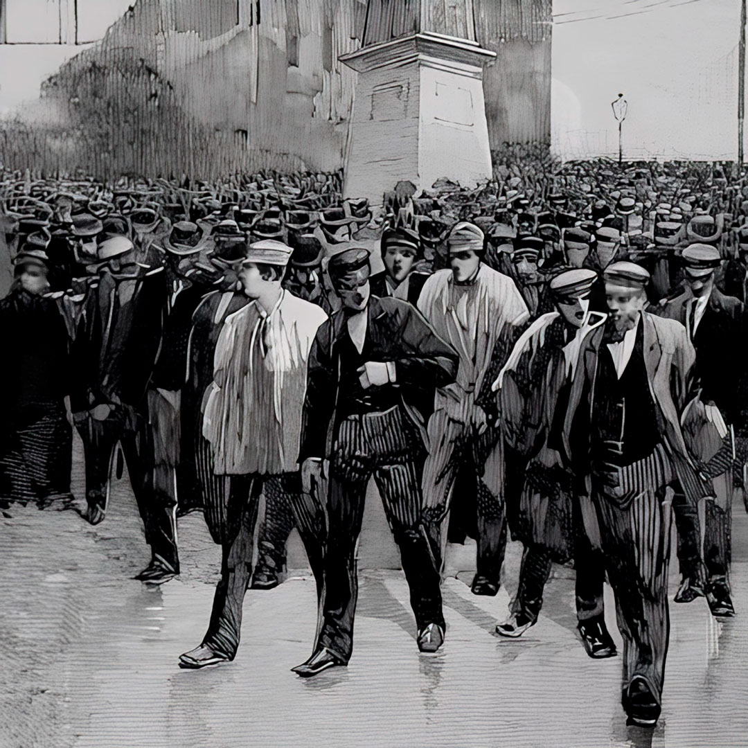 Representación artística de una marcha obrera masiva Grupo numeroso de obreros marchando juntos en blanco y negro; estilo artístico para ilustración histórica.