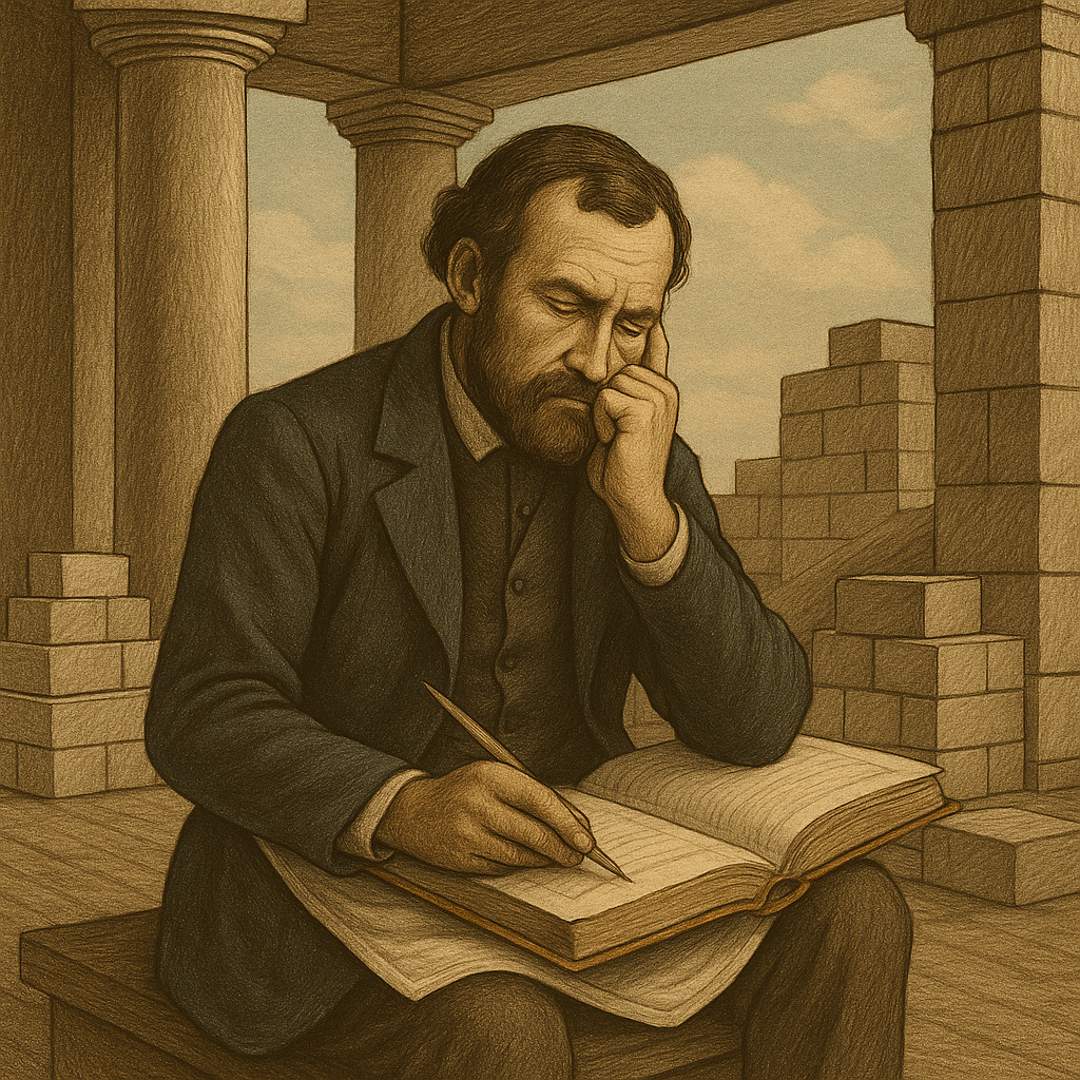 Hombre reflexionando en templo en construcción, símbolo de los valores de la masonería en la sociedad actual.