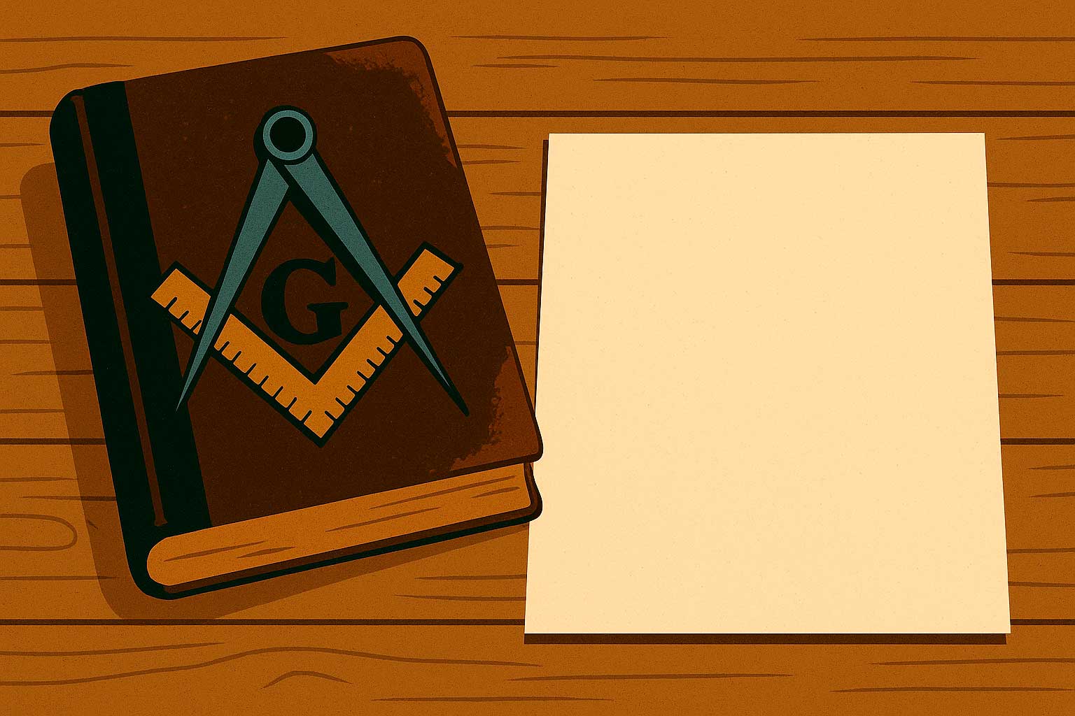 libro con escuadra y compás masónico sobre una mesa de madera