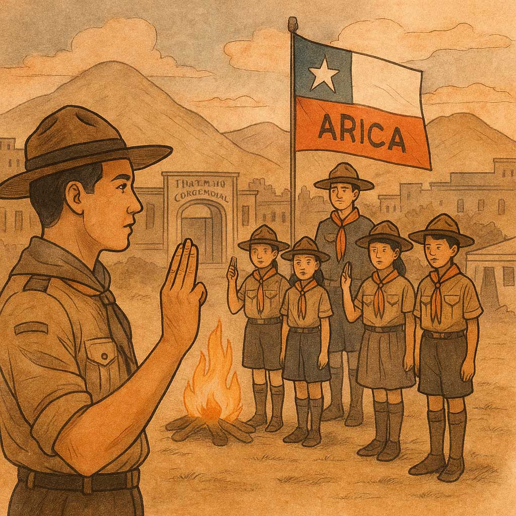 Promesa scout en clave republicana Promesa scout frente a la bandera de Arica como rito simbólico de ciudadanía y valores éticos