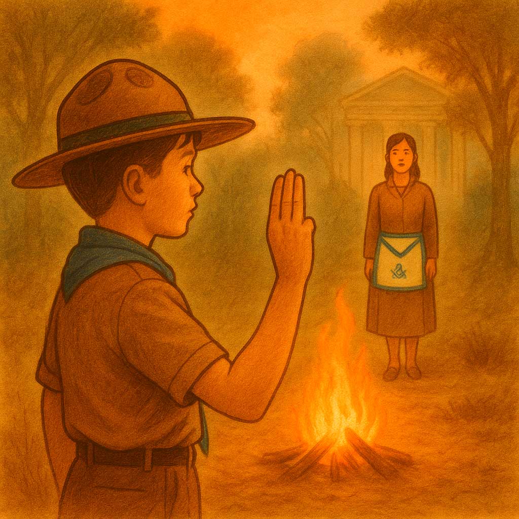 Promesa scout ante la presencia simbólica de la masonería Scout realiza su promesa ante una mujer masona junto a un fuego simbólico, reflejo de la educación cívica y masonería