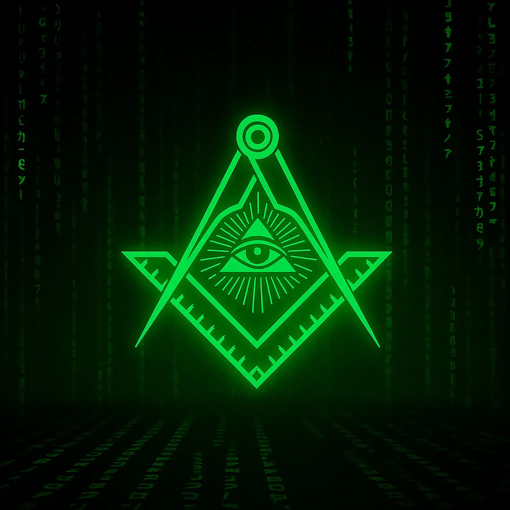 símbolo masónico con ojo que todo lo ve en un entorno digital verde estilo Matrix.
