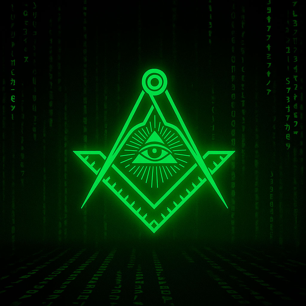 símbolo masónico con ojo que todo lo ve en un entorno digital verde estilo Matrix.