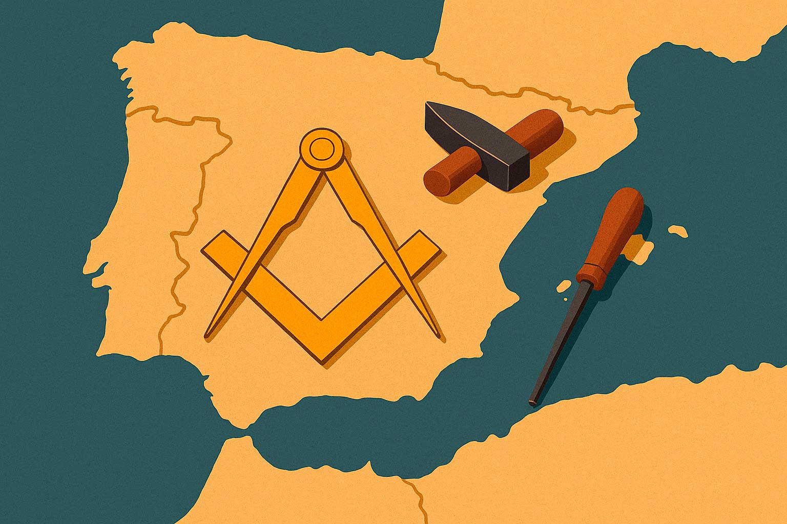Herramientas masónicas sobre el mapa de España