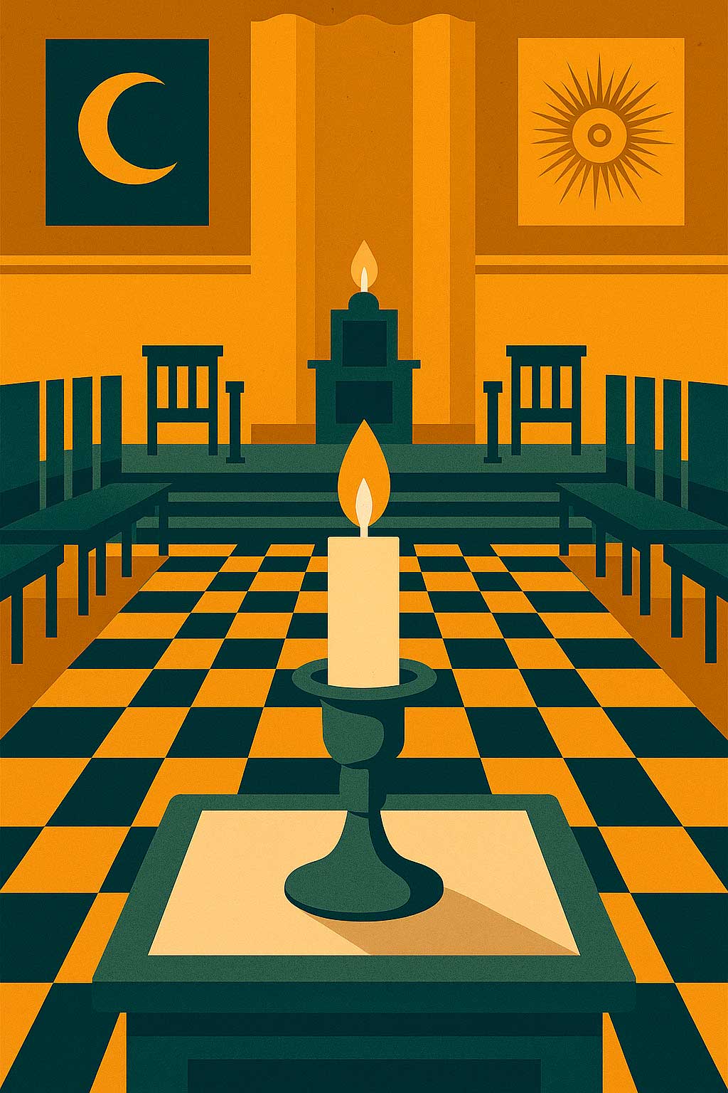 vela encendida en el centro de un templo masónico