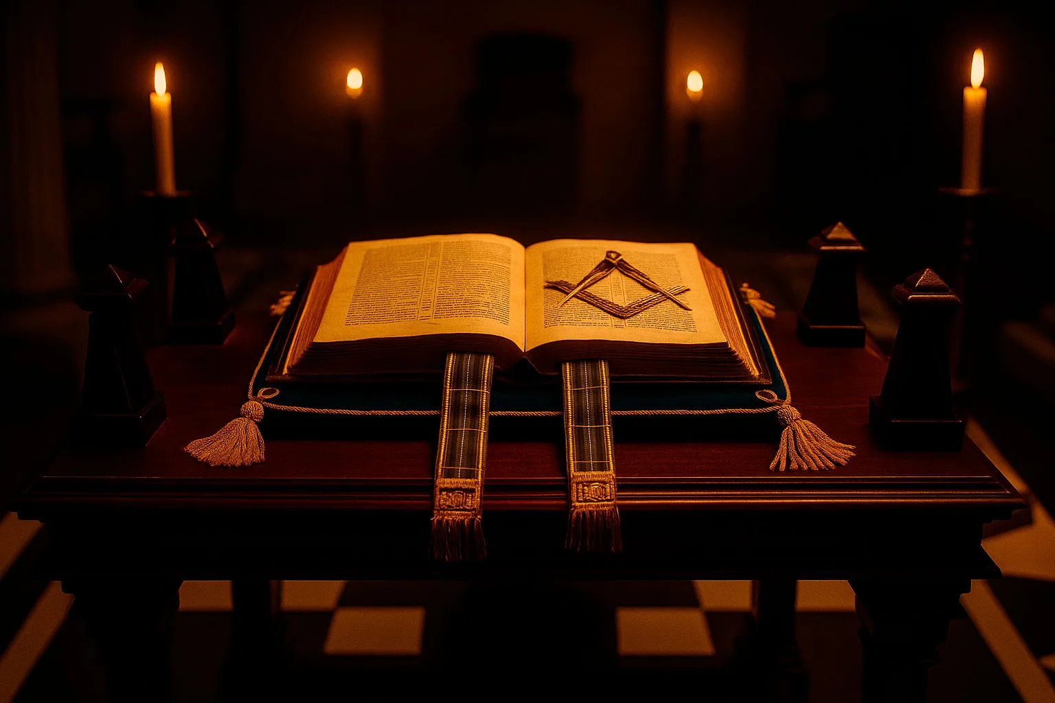 Logias masónicas en Madrid: el símbolo como experiencia Altar con libro abierto y escuadra y compás en logia madrileña