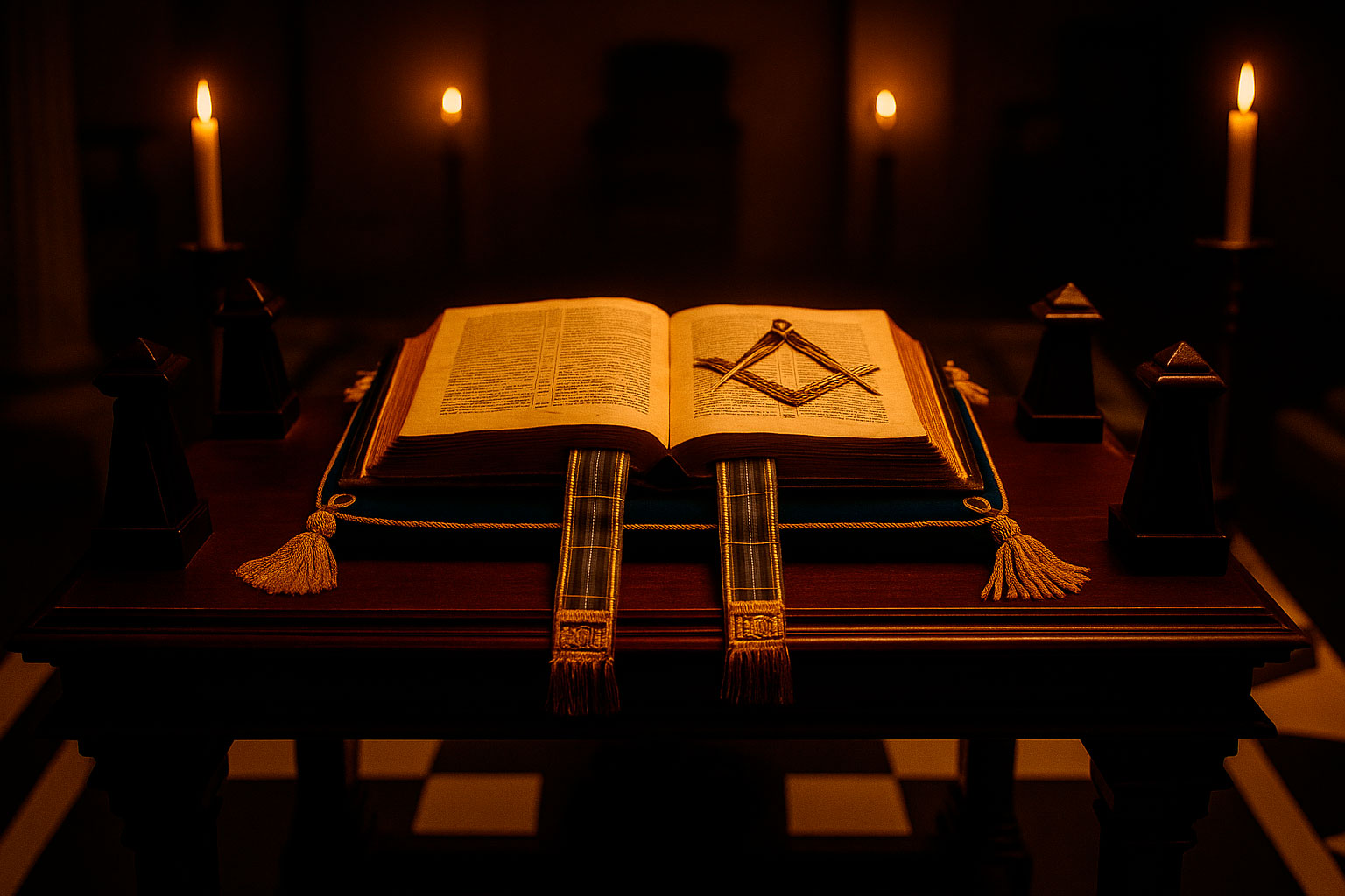 Altar con libro abierto y escuadra y compás en logia madrileña