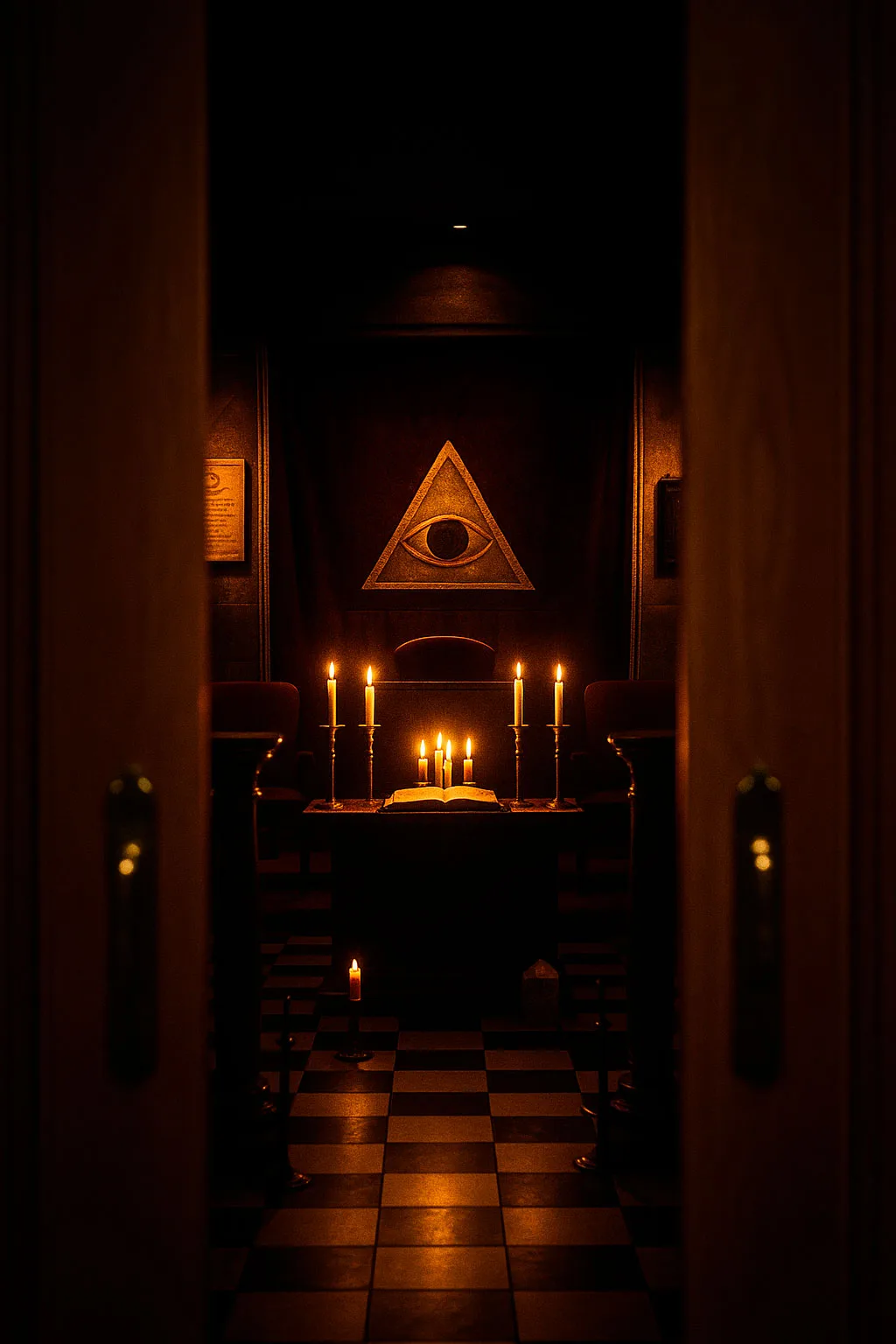 Ritos masónicos en Madrid: silencio, símbolo y transformación Interior de templo masónico en Madrid con velas encendidas