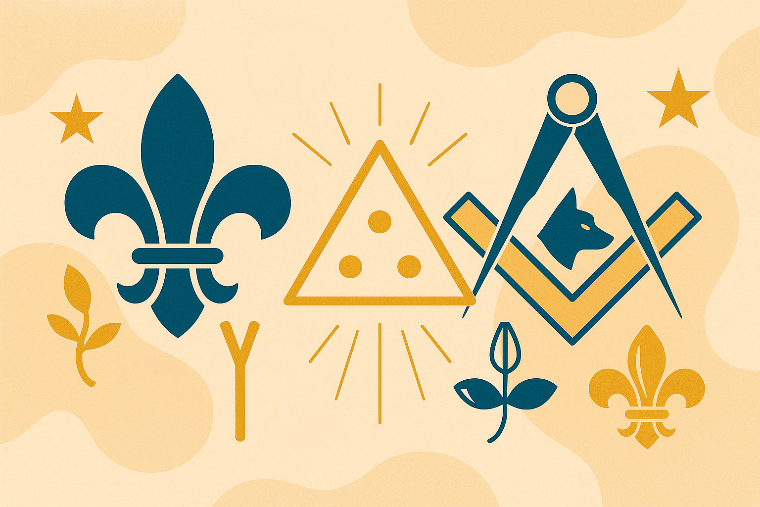 Emblemas del escultismo y la masonería con fondo abstracto