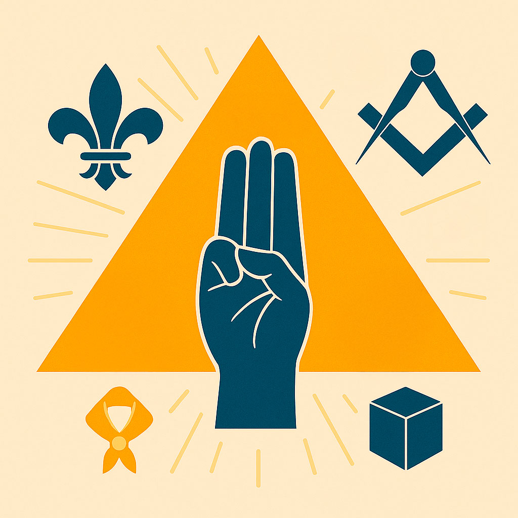 Saludo scout frente a símbolos masónicos sobre fondo triangular