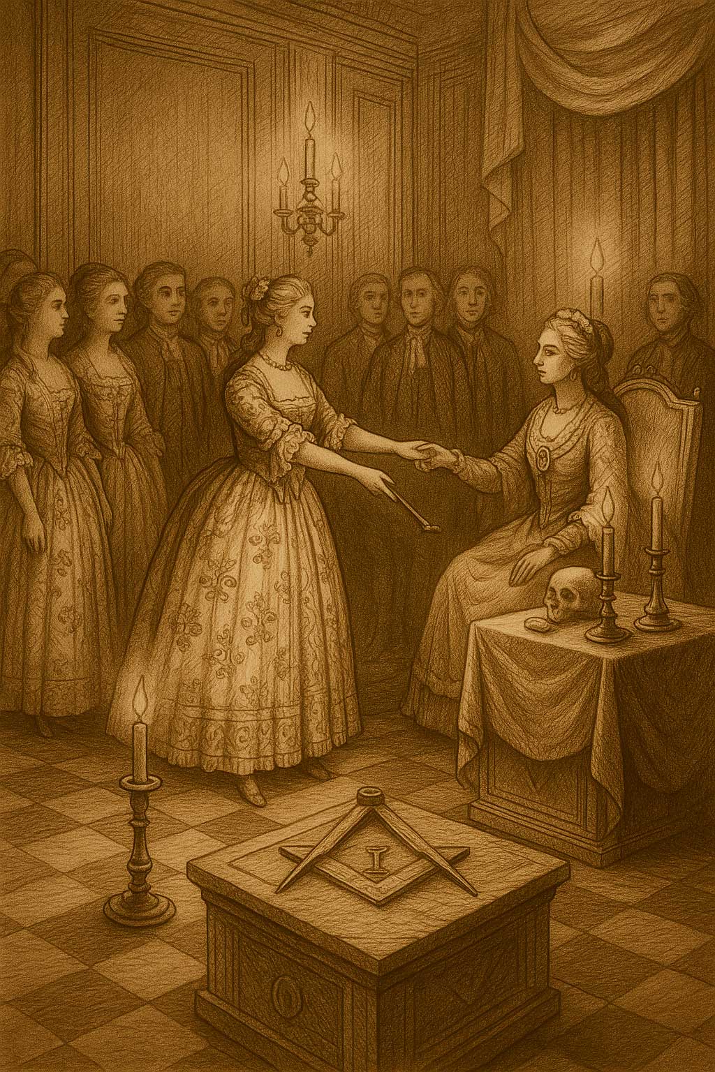 Ceremonia en una logia de mujeres en el siglo XVIII con simbología masónica.
