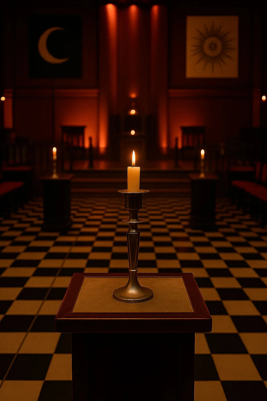 Templo masónico iluminado con velas Interior de una logia masónica iluminada por velas, con símbolos de la luna y el sol