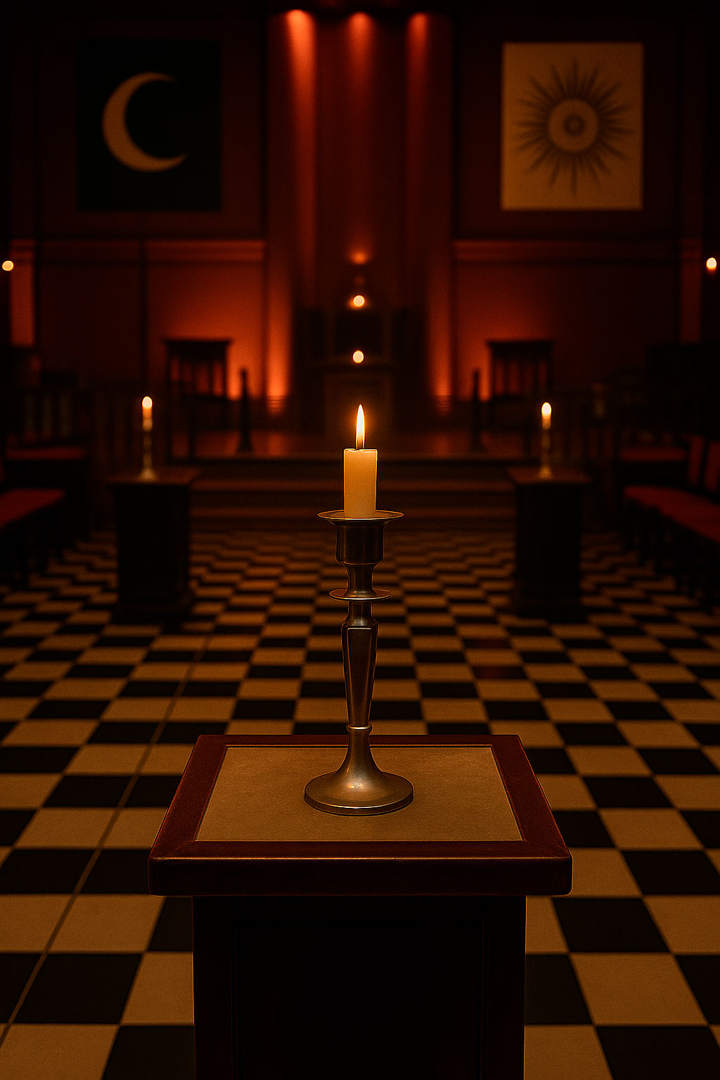 Interior de una logia masónica iluminada por velas, con símbolos de la luna y el sol