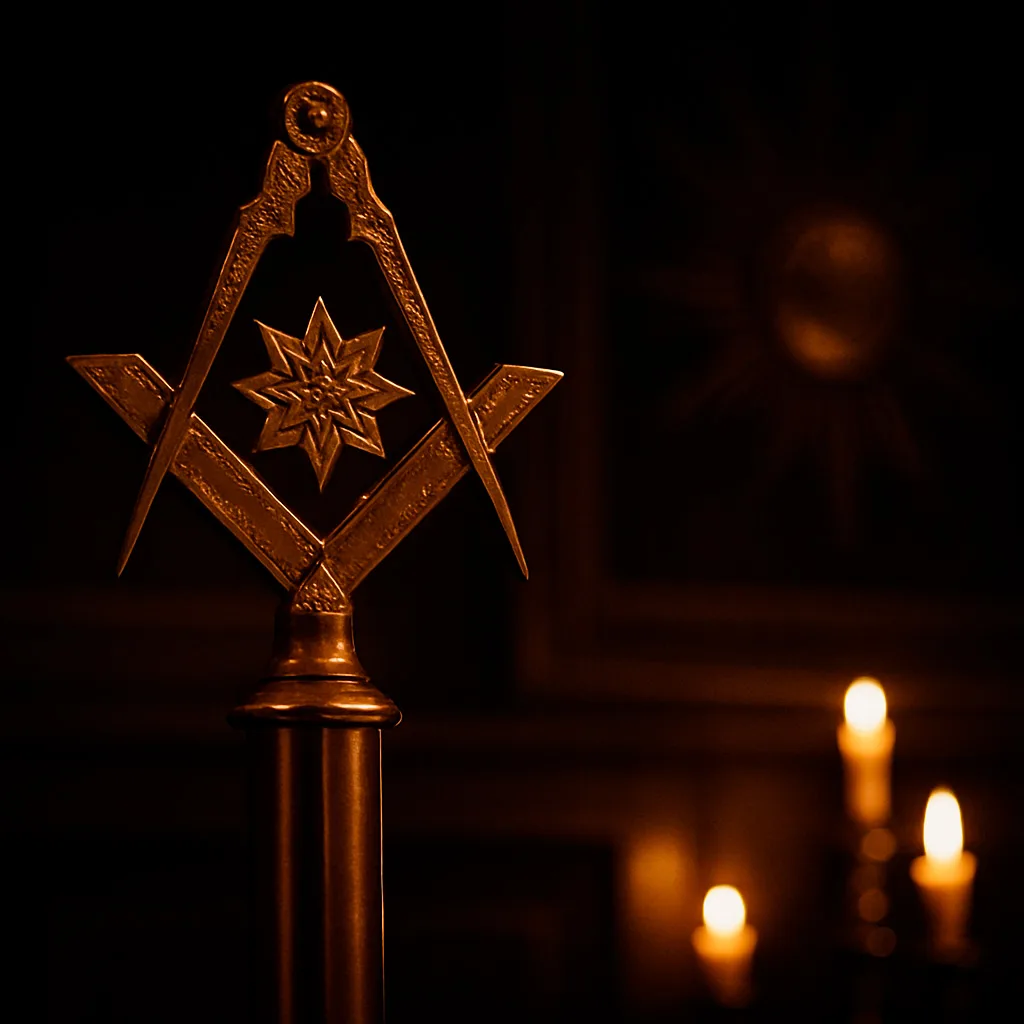 Emblema masónico con estrella de ocho puntas Emblema masónico dorado con estrella en el centro sobre fondo oscuro