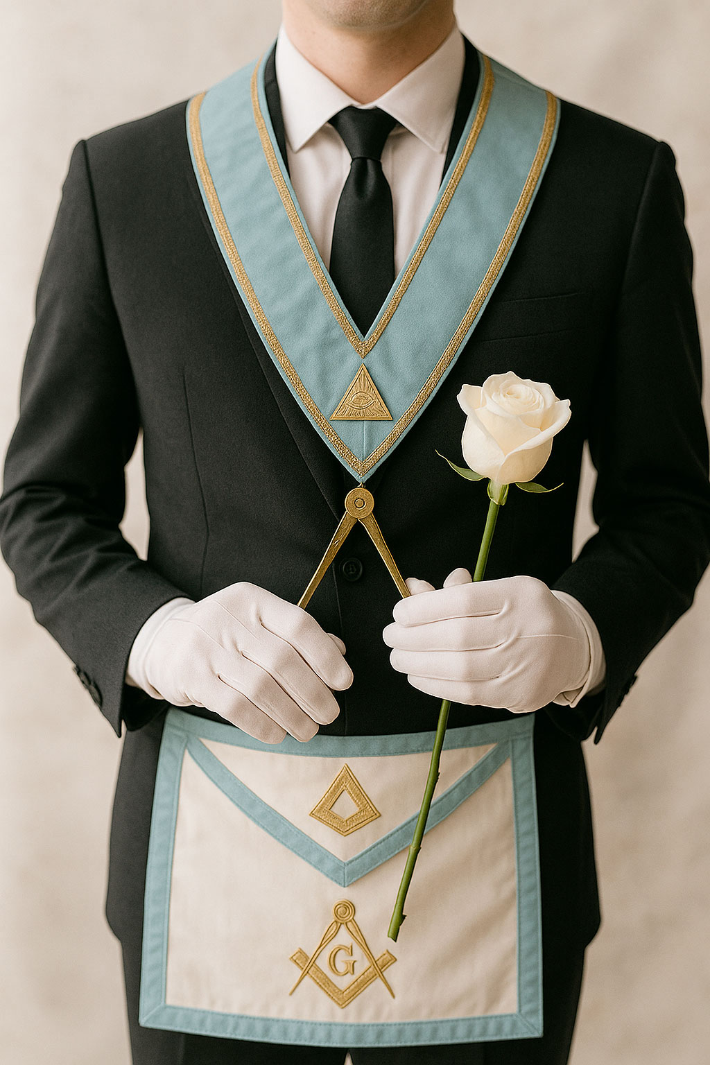 Guante blanco masónico junto a una rosa blanca y mandil con escuadra y compás