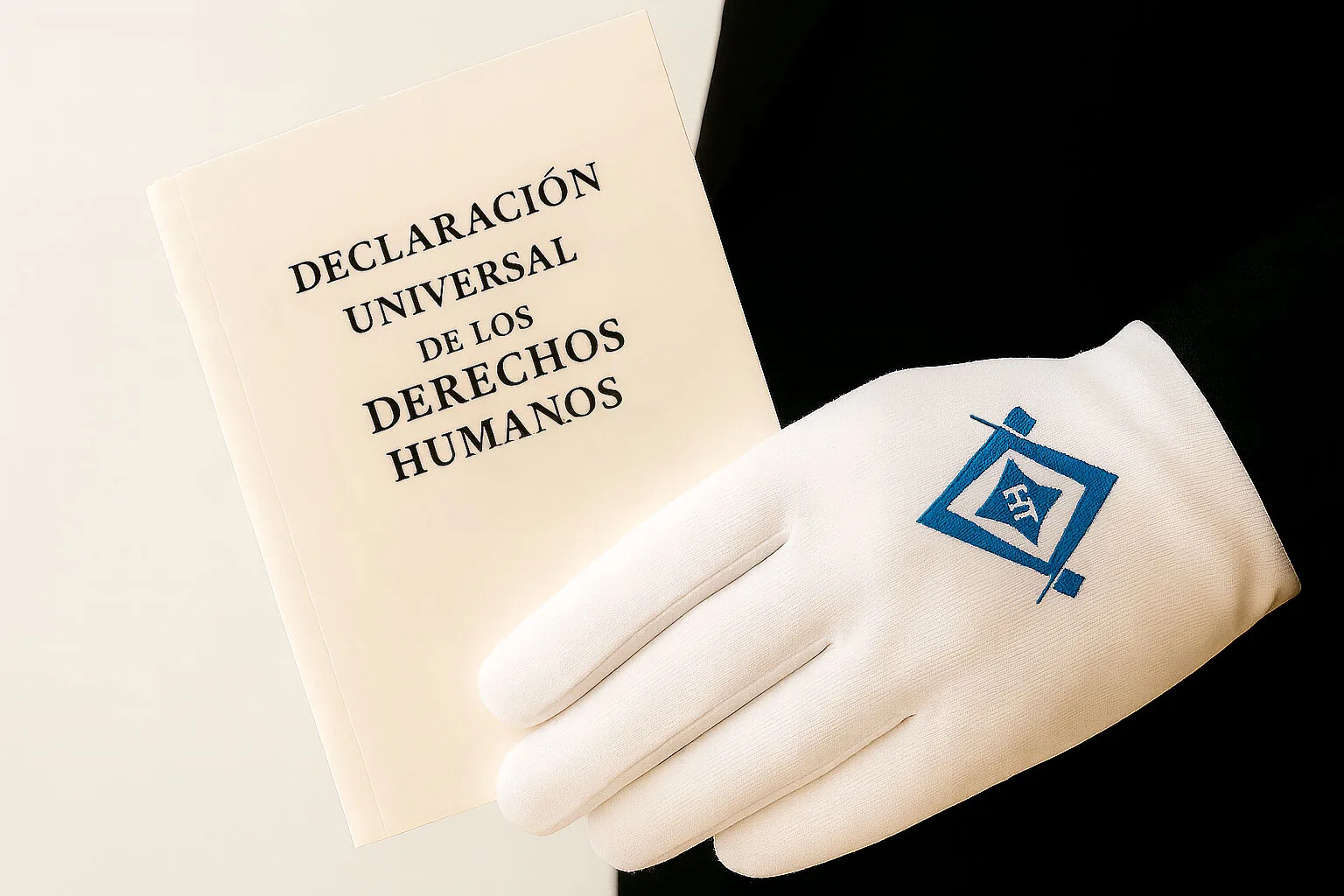 Mano con guante blanco masónico sosteniendo la Declaración Universal de los Derechos Humanos