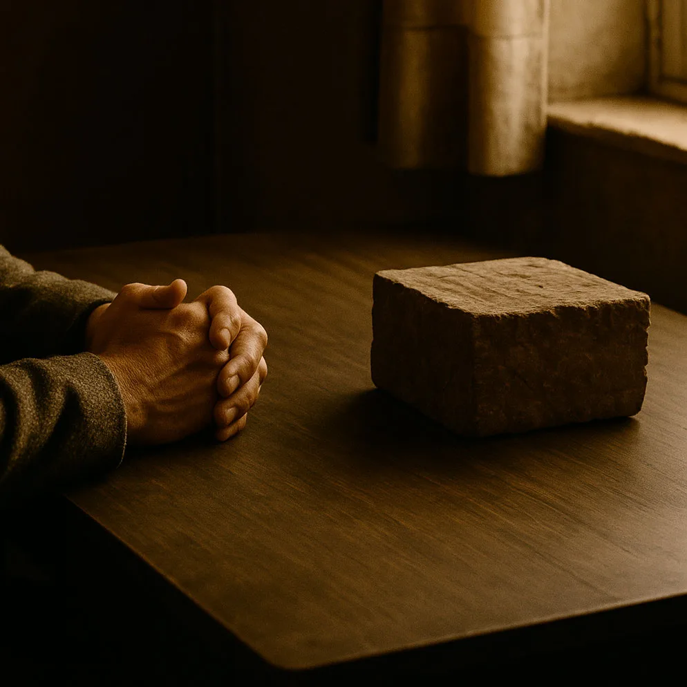 Manos cruzadas junto a una piedra en bruto sobre una mesa, representando los requisitos para entrar en una logia masónica.