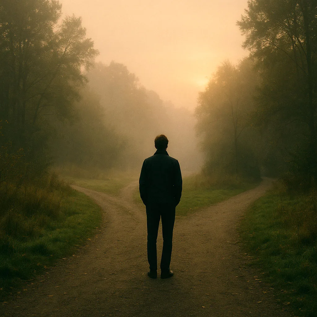 Persona solitaria frente a un cruce de caminos al amanecer, simbolizando el inicio del camino masónico en España.