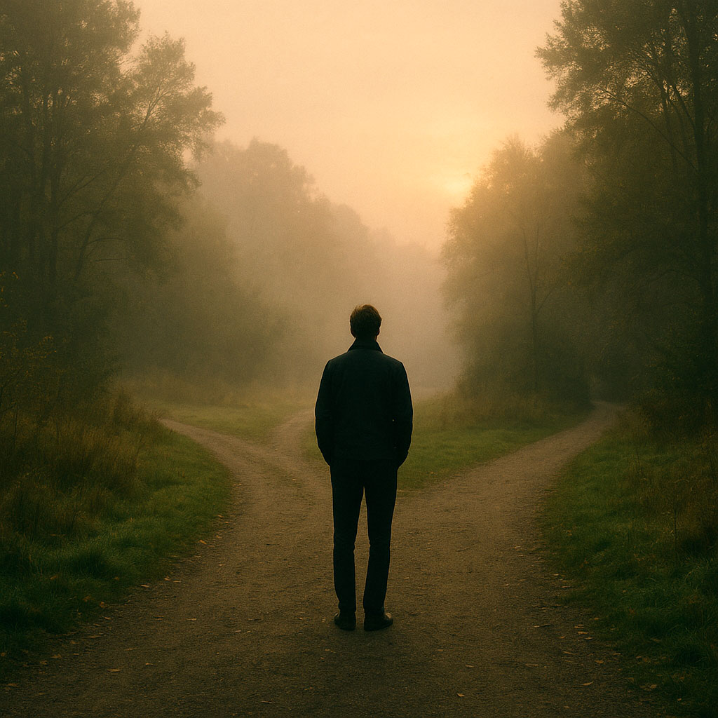 Persona solitaria frente a un cruce de caminos al amanecer, simbolizando el inicio del camino masónico en España.